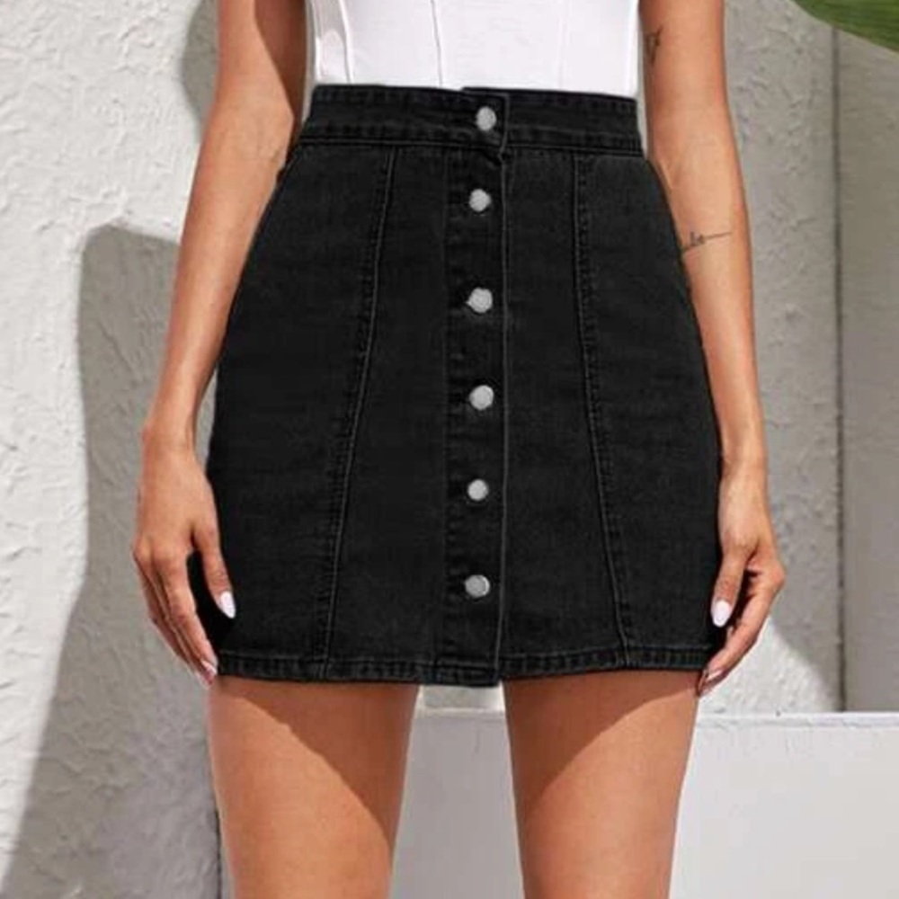 Denim Jean Skirt Black Silver Button Up Mini